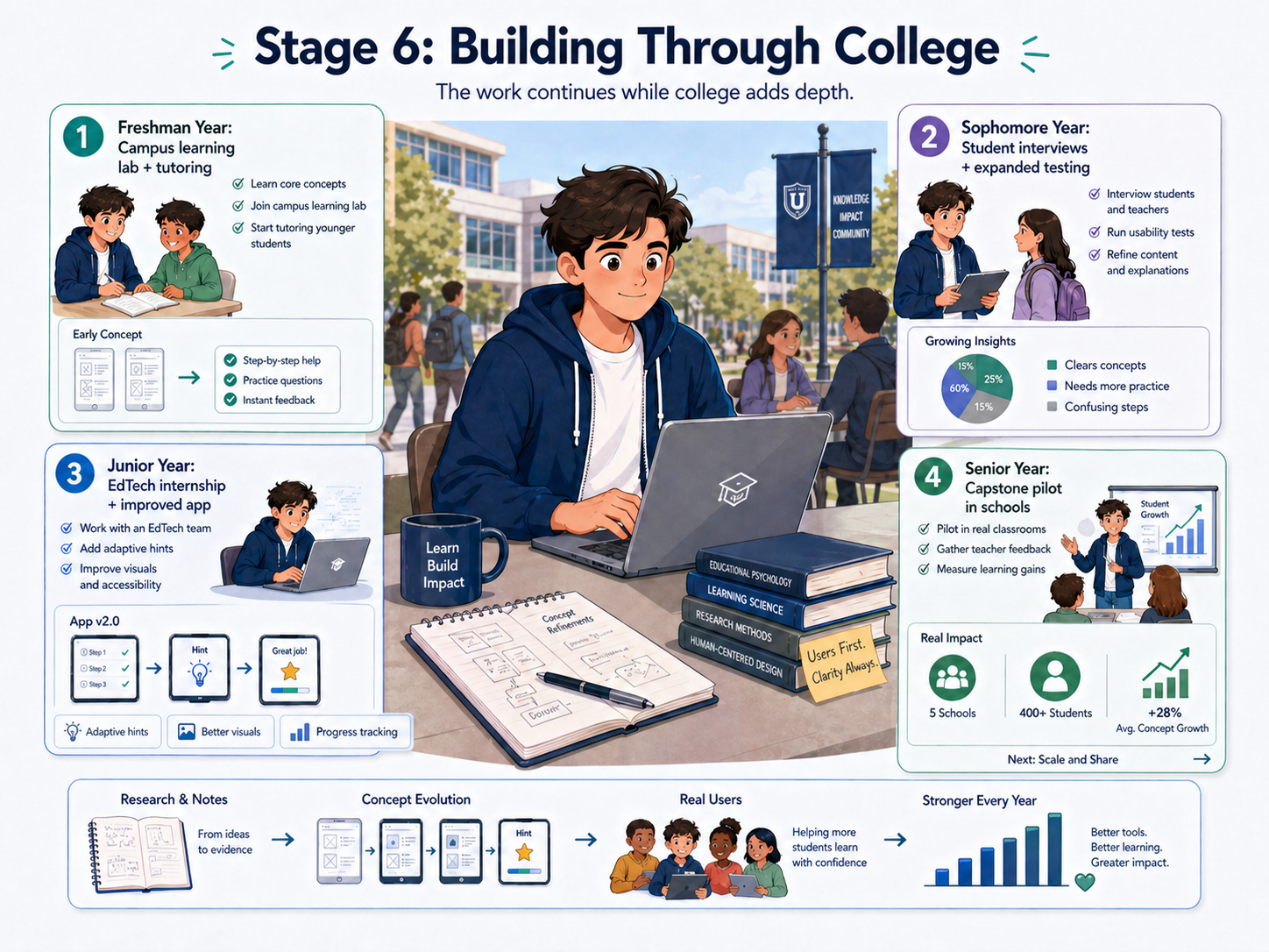 The same student in college, continuing the same work across four years